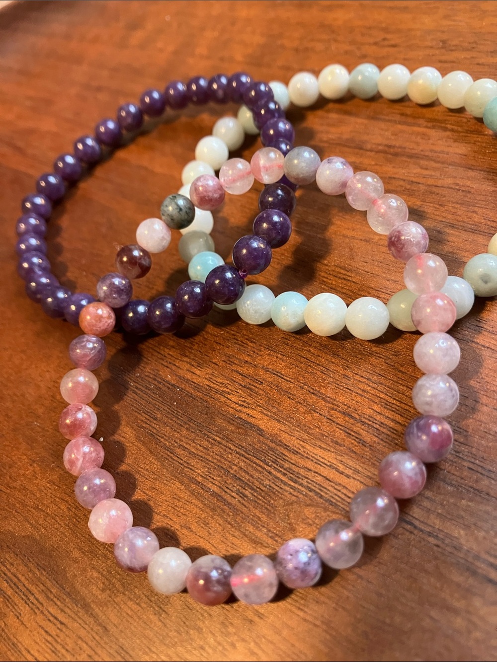 Crystal Beaded Stretch Bracelet Set - Amazonite, Lapidolite, and Unicorn Stone